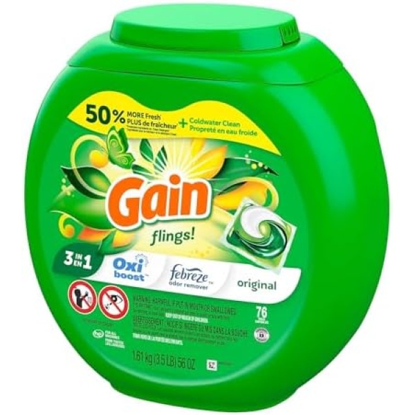 Gain Flings - Jabón de detergente compatible con HE de larga duración, aroma original, 76 unidades - Image 4
