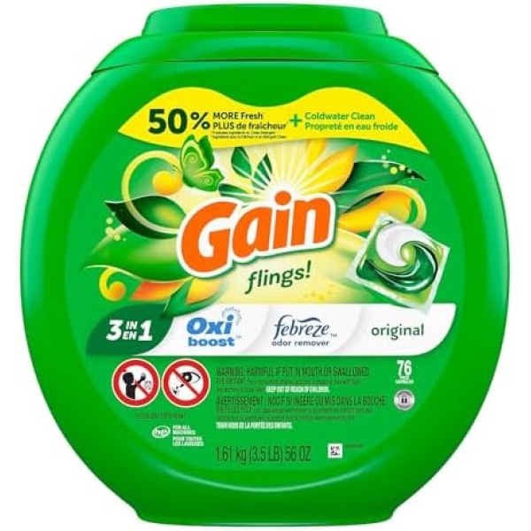 Gain Flings - Jabón de detergente compatible con HE de larga duración, aroma original, 76 unidades
