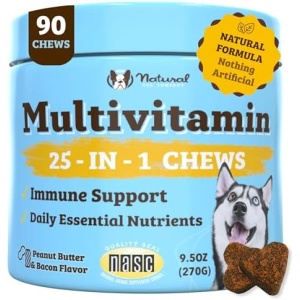 Natural Dog Company Masticables multivitamínicos (90 piezas), vitaminas y suplementos para perros, sabor a mantequilla de maní y tocino, para perros de todas las edades, tamaños y razas