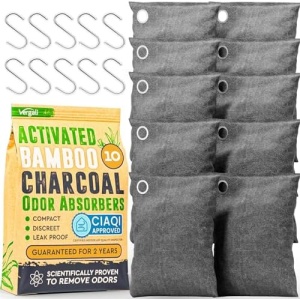 Absorbedor de olores de carbón activado de 10 x 3.5 onzas con ganchos. Bolsa purificadora de aire de carbón de bambú fresco natural para el hogar, armario, ambientador, desodorante