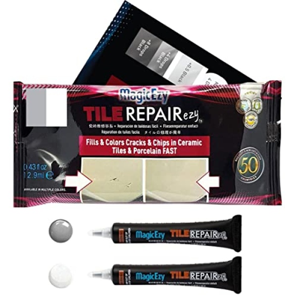 MagicEzy Tile RepairEzy - GRIS CLARO Y BLANCO - Kit de reparación de azulejos de cerámica - Azulejos de baño agrietados