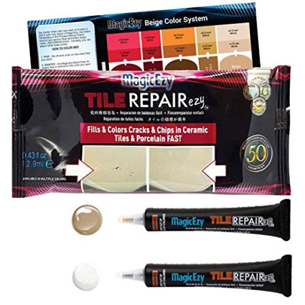 MagicEzy Tile RepairEzy - BEIGE Y BLANCO - Kit de reparación de azulejos de cerámica - Azulejos de baño agrietados