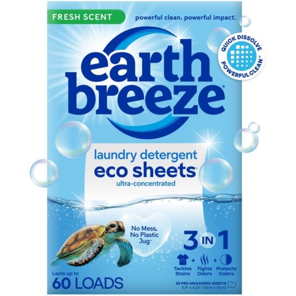 Earth Breeze Hojas de detergente para ropa con aroma fresco, 60 cargas, sin jarra de plástico, detergente concentrado para ropa, 30 hojas