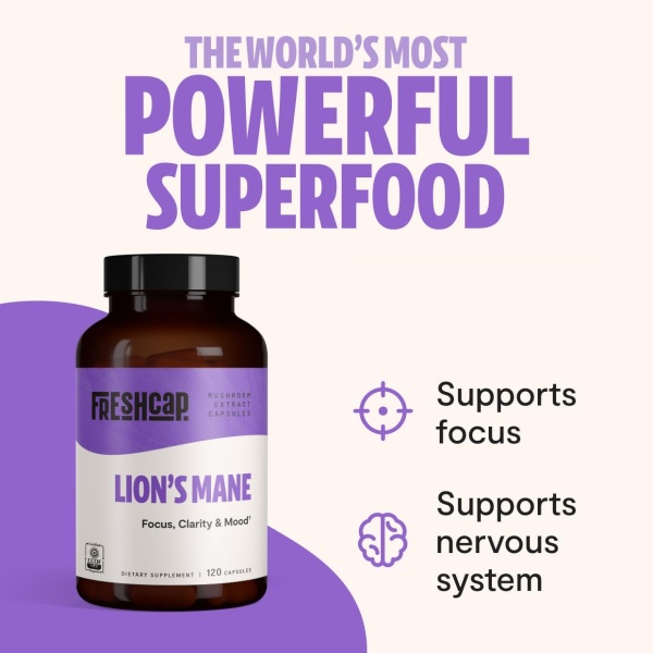 FreshCap Lions Mane Suplemento Cápsulas – Ayurveda Premium USDA Organic Dual Extracted, Sin OMG, sin gluten, vegano. - Image 2