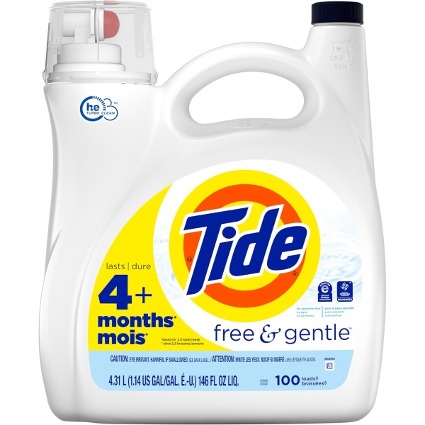 Tide Free & Gentle - Detergente líquido para ropa, compatible con HE, 100 cargas, 132 onzas líquidas de detergente hipoalergénico pieles sensibles. - Image 5