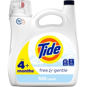 Tide Free & Gentle - Detergente líquido para ropa, compatible con HE, 100 cargas, 132 onzas líquidas de detergente hipoalergénico pieles sensibles.