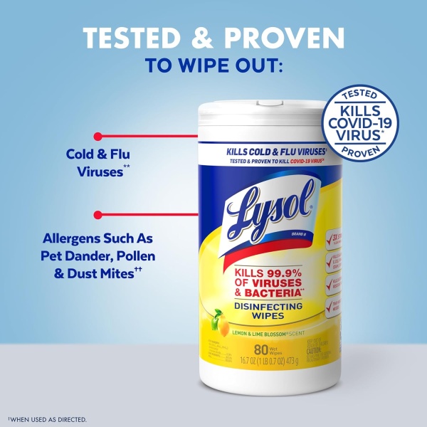 Lysol Toallitas desinfectantes, toallitas de limpieza antibacterianas multisuperficie, para desinfectar y limpiar, flor de limón y lima, 80 unidades (paquete de 3) - Image 4