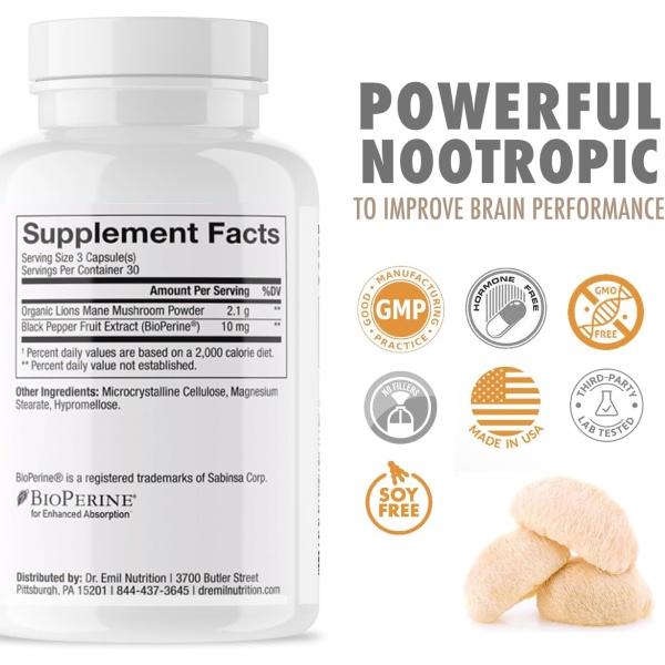 Cápsulas de hongos melena de león, orgánicos, dosis máxima y potenciador de absorción, suplemento cerebral nootrópico y apoyo inmune, 100 % puro. - Image 5