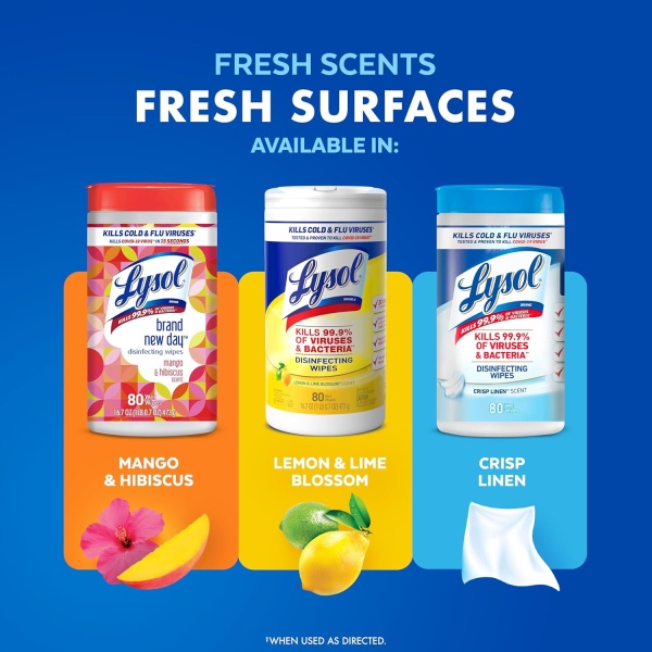 Lysol Toallitas desinfectantes, toallitas de limpieza antibacterianas multisuperficie, para desinfectar y limpiar, flor de limón y lima, 80 unidades (paquete de 3) - Image 9