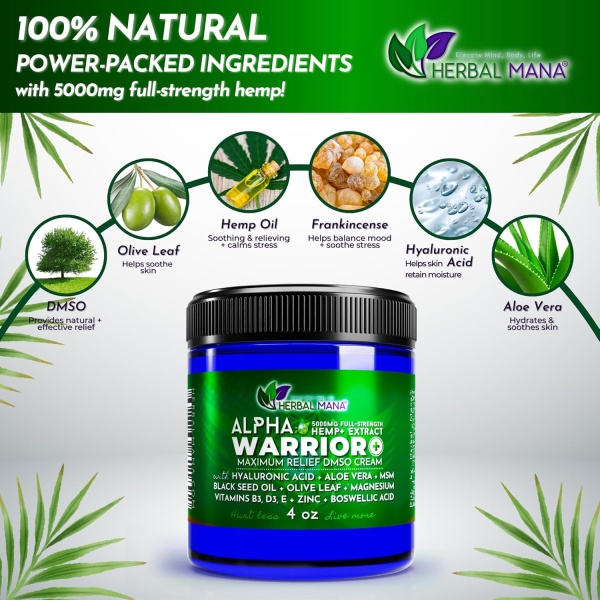 Herbal Mana Alpha Warrior con 5000 mg de cáñamo y 99.9% crema DMSO pura. - Image 3