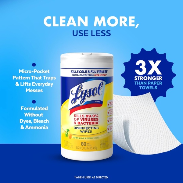 Lysol Toallitas desinfectantes, toallitas de limpieza antibacterianas multisuperficie, para desinfectar y limpiar, flor de limón y lima, 80 unidades (paquete de 3) - Image 7