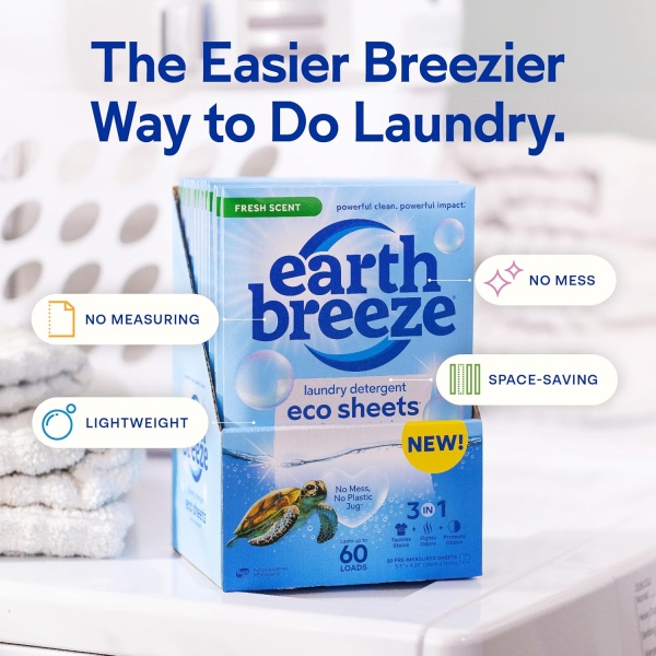 Earth Breeze Hojas de detergente para ropa con aroma fresco, 60 cargas, sin jarra de plástico, detergente concentrado para ropa, 30 hojas - Image 5