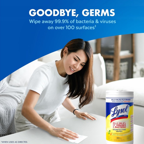 Lysol Toallitas desinfectantes, toallitas de limpieza antibacterianas multisuperficie, para desinfectar y limpiar, flor de limón y lima, 80 unidades (paquete de 3) - Image 3
