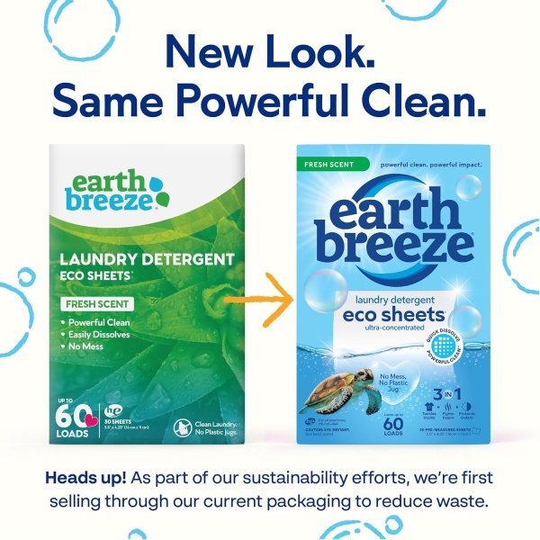 Earth Breeze Hojas de detergente para ropa con aroma fresco, 60 cargas, sin jarra de plástico, detergente concentrado para ropa, 30 hojas - Image 3