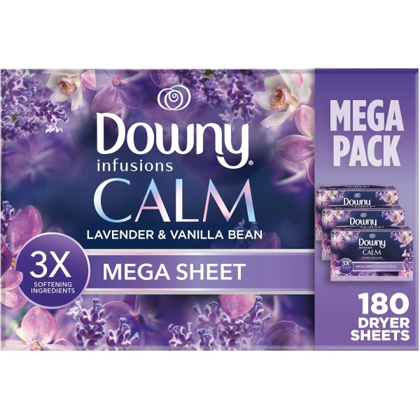Downy Infusions - Toallitas mega para secadora, suavizante de ropa, fragancia de lavanda y vainilla (Calm), 180 unidades