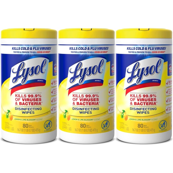 Lysol Toallitas desinfectantes, toallitas de limpieza antibacterianas multisuperficie, para desinfectar y limpiar, flor de limón y lima, 80 unidades (paquete de 3)