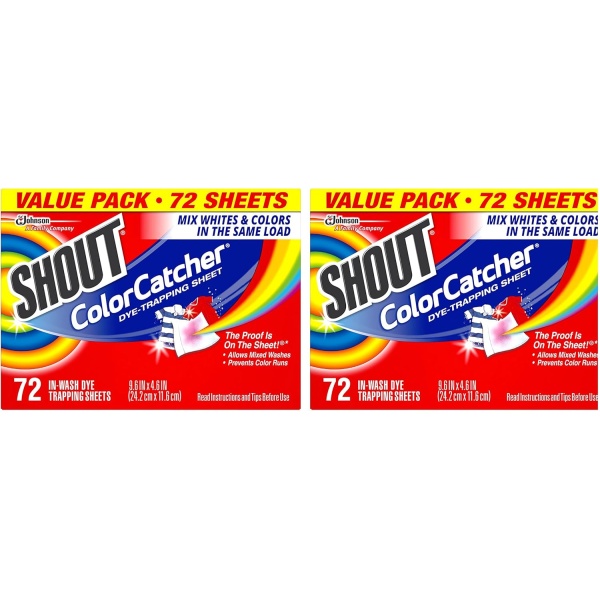Shout Sábanas de color para lavandería, permiten lavados mixtos, evitan que el color se corra y mantiene el color original de la ropa, 72 unidades, paquete de 2 (144 hojas en total)