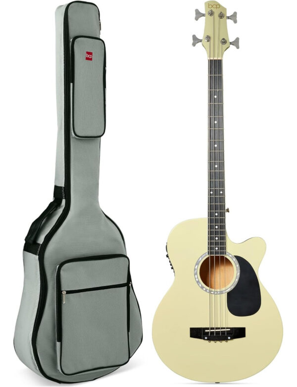 Bcp Bajo Eléctrico Acústico Con Funda 4 Cuerdas Blanco Crema