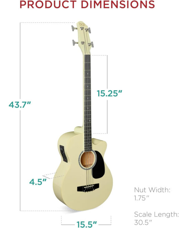 Bcp Bajo Eléctrico Acústico Con Funda 4 Cuerdas Blanco Crema - Image 3