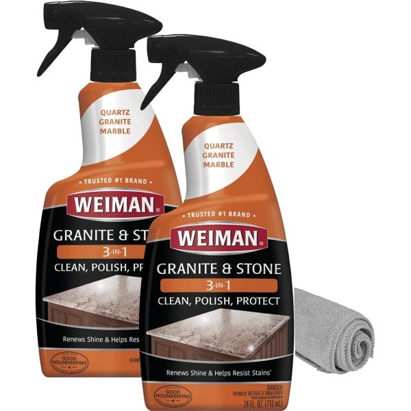 Weiman Granite Cleaner Polish and Protect 3 in 1-2 Pack - Fórmula sin rayas, pH neutro para uso diario en interior y exterior, piedra natural con toalla de microfibra