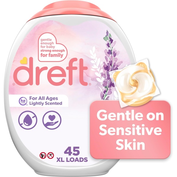 Dreft Detergente para ropa XL Pacs, aroma ligero, lavanda, 45 unidades