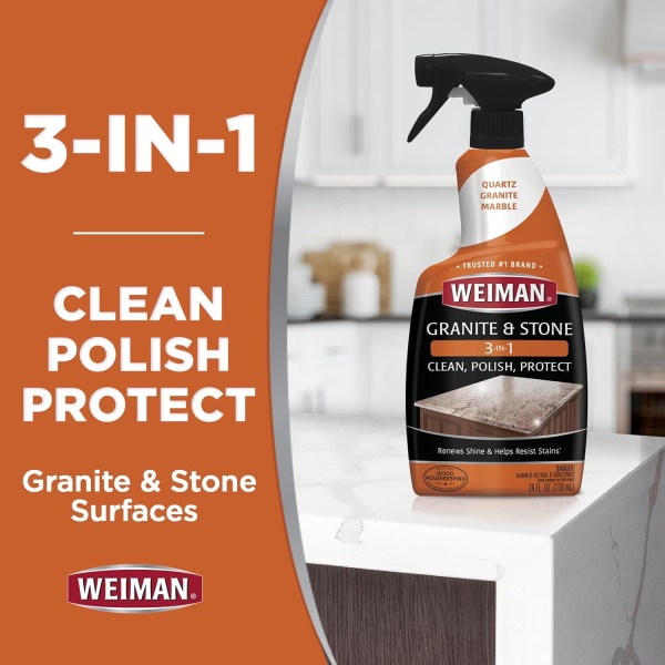 Weiman Granite Cleaner Polish and Protect 3 in 1-2 Pack - Fórmula sin rayas, pH neutro para uso diario en interior y exterior, piedra natural con toalla de microfibra - Image 2
