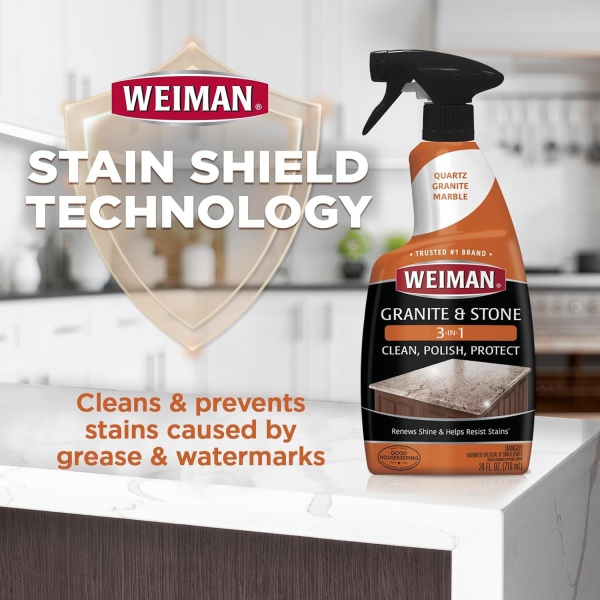 Weiman Granite Cleaner Polish and Protect 3 in 1-2 Pack - Fórmula sin rayas, pH neutro para uso diario en interior y exterior, piedra natural con toalla de microfibra - Image 3