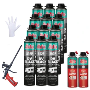 Akfix Kit de sellador de espuma en aerosol negro 892P (12 x 24 oz), aislamiento de espuma en aerosol resistente a los rayos UV, impermeable