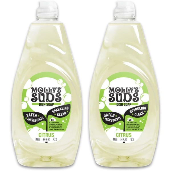 Molly's Suds Jabón líquido para platos | Ingredientes limpios y simples | Potencia de fregado extra | Aroma cítrico, 24 onzas – Paquete de 2