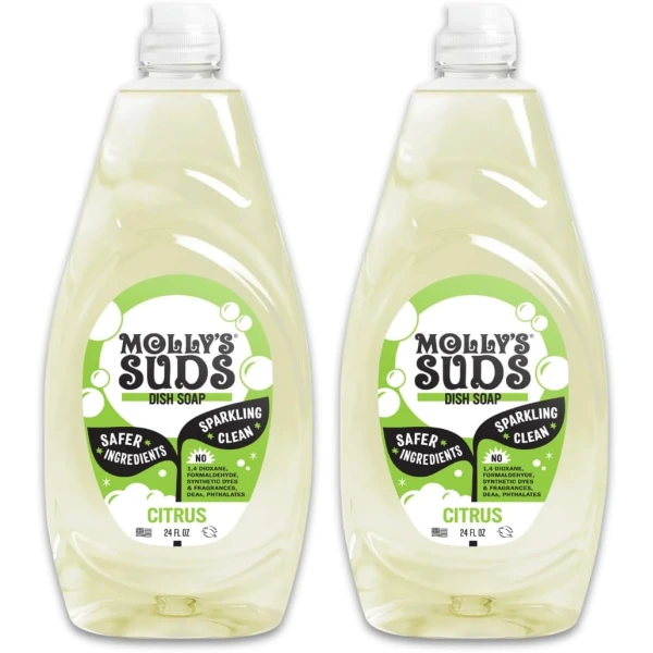 Molly's Suds Jabón líquido para platos | Ingredientes limpios y simples | Potencia de fregado extra | Aroma cítrico, 24 onzas – Paquete de 2
