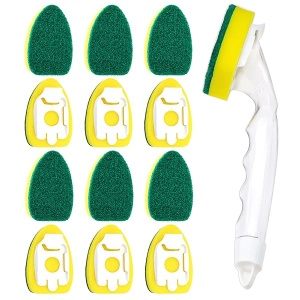 1 varita de plato y 12 cabezales de esponja de repuesto, resistente, antiarañazos y reemplazable esponja de repuesto con asa, cepillo para polvo de esponja limpia para fregadero de cocina, baño, suministros de limpieza