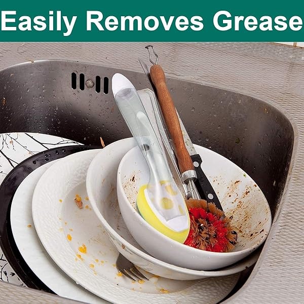 1 varita de plato y 12 cabezales de esponja de repuesto, resistente, antiarañazos y reemplazable esponja de repuesto con asa, cepillo para polvo de esponja limpia para fregadero de cocina, baño, suministros de limpieza - Image 8