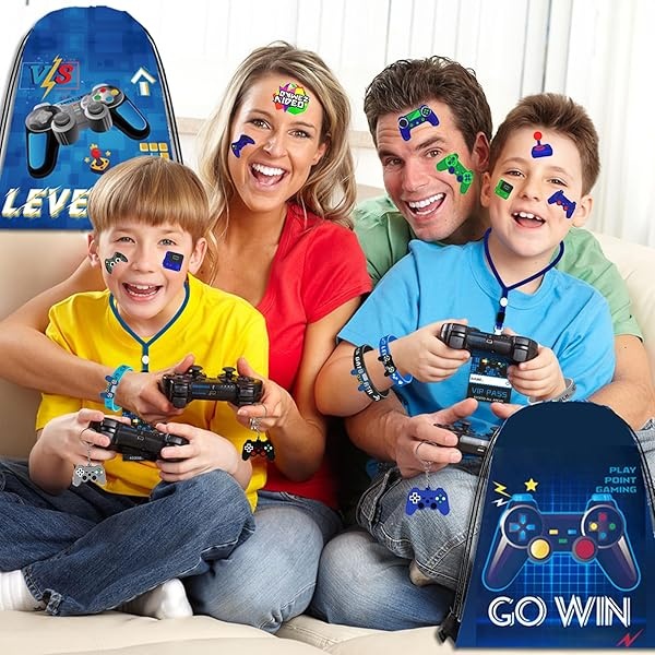 122 piezas de recuerdos de fiesta de videojuegos, recuerdos de fiesta de jugador para niños, incluye bolsas de cordón de 13 x 11 pulgadas, pulseras de pases VIP con cordones, llaveros, pegatinas de - Image 4