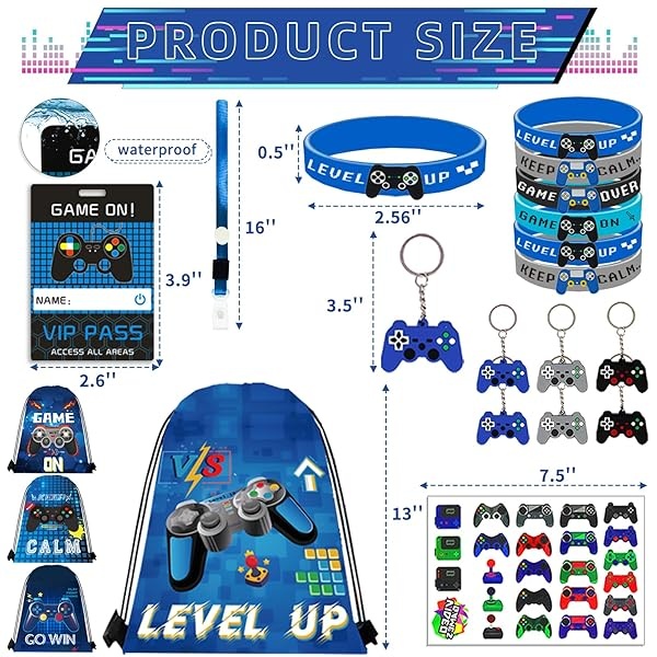 122 piezas de recuerdos de fiesta de videojuegos, recuerdos de fiesta de jugador para niños, incluye bolsas de cordón de 13 x 11 pulgadas, pulseras de pases VIP con cordones, llaveros, pegatinas de - Image 5