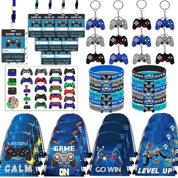 122 piezas de recuerdos de fiesta de videojuegos, recuerdos de fiesta de jugador para niños, incluye bolsas de cordón de 13 x 11 pulgadas, pulseras de pases VIP con cordones, llaveros, pegatinas de