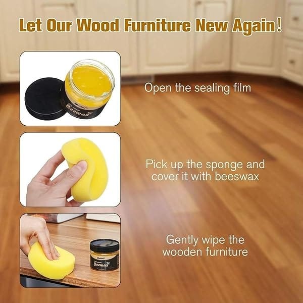 2 piezas de madera condimento cera de abeja pulidor muebles de cera de abeja multiusos para el cuidado de muebles de madera (+ esponja), 4 piezas - Image 6