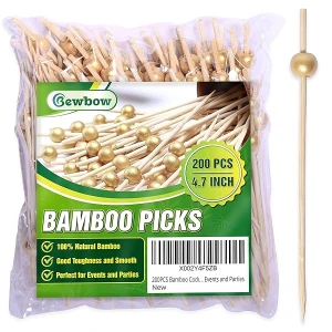 200 palillos de bambú para cócteles, 4.7 pulgadas, púas de nudo de bola dorada natural, palillos de cóctel de frutas para aperitivos, palillos de dientes elegantes para eventos y fiestas