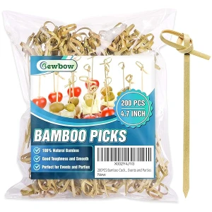 200 púas de cóctel de bambú de 4.7 pulgadas, palillos hechos a mano, brochetas de cóctel, palillos de frutas para aperitivos, palillos de dientes elegantes para eventos y fiestas