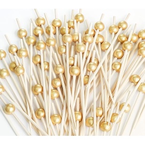 200 púas de cóctel, palillos de dientes de lujo para aperitivos, brochetas decorativas para aperitivos, bebidas, fiestas, frutas, 4.7 pulgadas de largo, madera de bambú de oro, palos de alimentos,