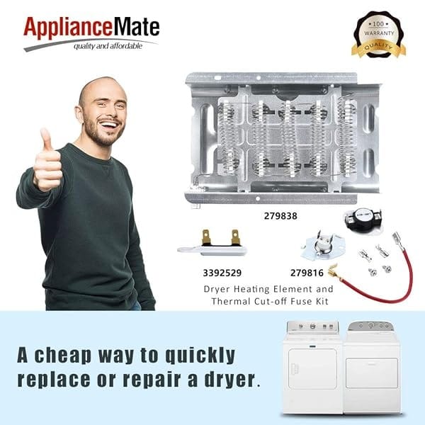 279838 Elemento calefactor de secadora y kit de termostato 279816 y fusible térmico 3392519 por Appliancemate Reemplazo para elemento calefactor de secadora Whirlpool con termostato Combo Pack Sustituye a 3398064 3403585 - Image 8