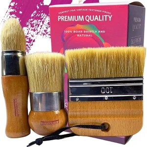 3 PC Premium Chalk Paint and Wax Brush Set , Natural Boar Bristles , DIY Painting and Waxing Tool Set | Indoor Outdoor Home Décor | Milk Paint| Waxing Furniture| for Professional & Beginners