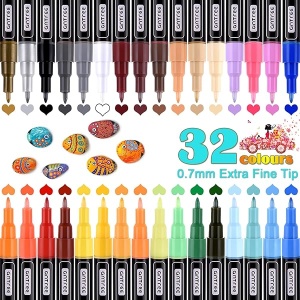 32 bolígrafos de pintura acrílica (punta extrafina), tinta a base de agua, permanente e impermeable, 32 colores marcadores para proyectos de manualidades, pintura de rock, cerámica, vidrio, lienzo, taza, madera, metal (punta extrafina)..