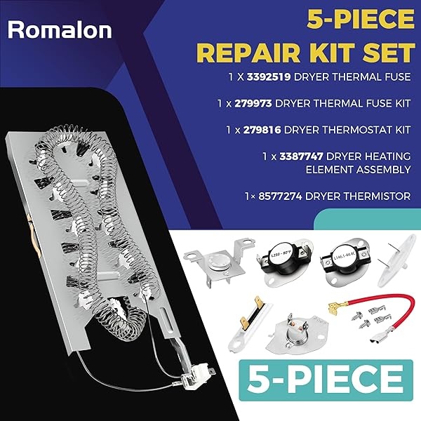 3387747 WP3387747 - Elemento de calefacción de secadora compatible con Whirlpool con kit de termostato 279816 y 279973 3392519 - Kit de fusibles de corte térmico para secadora - Image 3