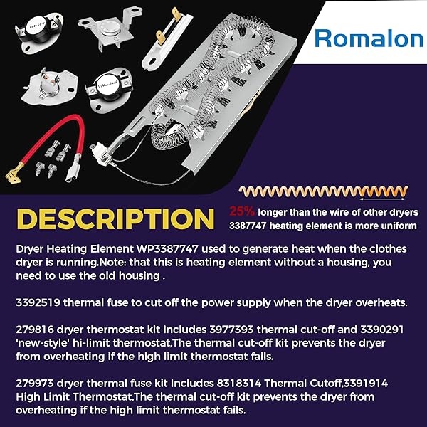 3387747 WP3387747 - Elemento de calefacción de secadora compatible con Whirlpool con kit de termostato 279816 y 279973 3392519 - Kit de fusibles de corte térmico para secadora - Image 8