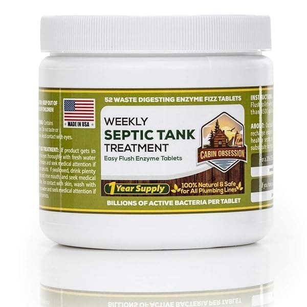 52 tabletas semanales de tratamiento de tanque séptico Fizz – Tabs de inodoro fácil descarga con miles de millones de bacterias activas por tablet – 1 año de suministro – 100% natural y seguro para todas las líneas de fontanería y drenaje