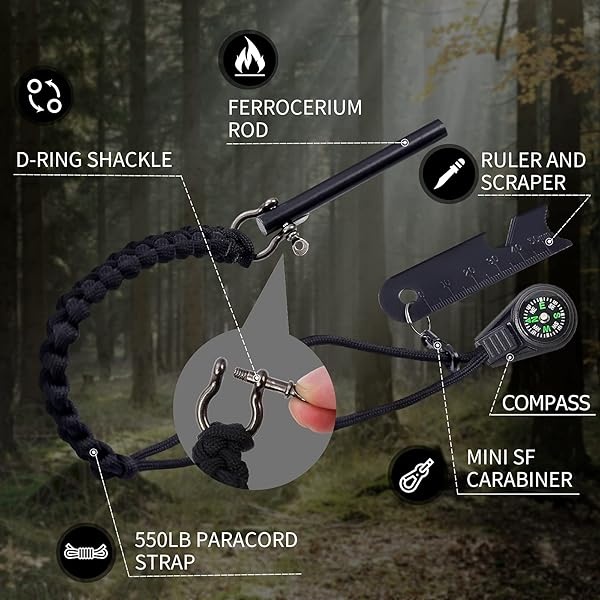 8 en 1 Ferro Rod Starter-Ferrocerium Flint Striker, una herramienta de kit de supervivencia de emergencia, incluyendo barra de longitud total de 6.3 pulgadas (2 x 3.15 pulgadas), cordón de paracaídas de 1.8 m, un golpeador multiherramienta, un tubo de fuego y brújula - Image 3