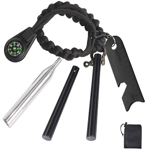 8 en 1 Ferro Rod Starter-Ferrocerium Flint Striker, una herramienta de kit de supervivencia de emergencia, incluyendo barra de longitud total de 6.3 pulgadas (2 x 3.15 pulgadas), cordón de paracaídas de 1.8 m, un golpeador multiherramienta, un tubo de fuego y brújula