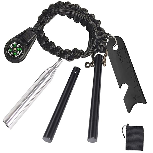 8 en 1 Ferro Rod Starter-Ferrocerium Flint Striker, una herramienta de kit de supervivencia de emergencia, incluyendo barra de longitud total de 6.3 pulgadas (2 x 3.15 pulgadas), cordón de paracaídas de 1.8 m, un golpeador multiherramienta, un tubo de fuego y brújula
