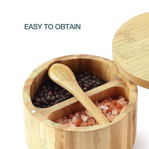 8SOM - Caja de sal y pimienta de bambú con tapa giratoria y cuchara integrada, tapa de cierre magnético para mantener el polvo fuera, recipiente de sal para almacenar pimienta, especias, hierbas, sal marina, capacidad doble de 5 onzas - Image 3