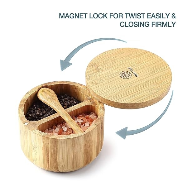 8SOM - Caja de sal y pimienta de bambú con tapa giratoria y cuchara integrada, tapa de cierre magnético para mantener el polvo fuera, recipiente de sal para almacenar pimienta, especias, hierbas, sal marina, capacidad doble de 5 onzas - Image 4
